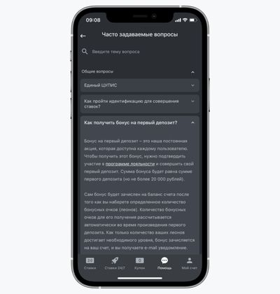 Изображение раздела с часто задаваемыми вопросами в мобильном приложении «Леонбетс» для iPhone.
