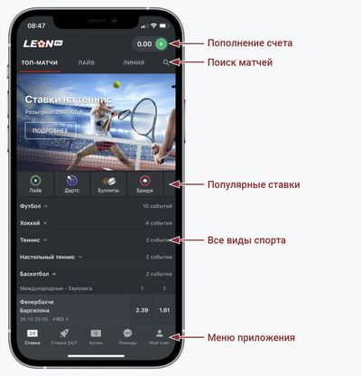 Изображение главного экрана приложения «Леонбетс».