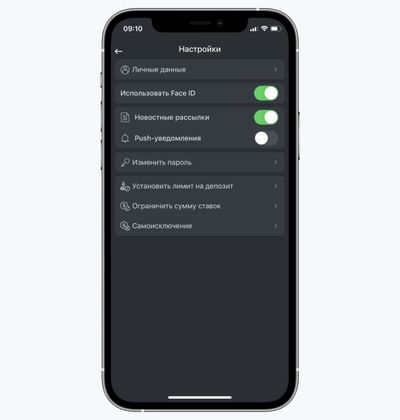 Изображение экрана с настройками мобильного приложения «Leonbets» для iOS.